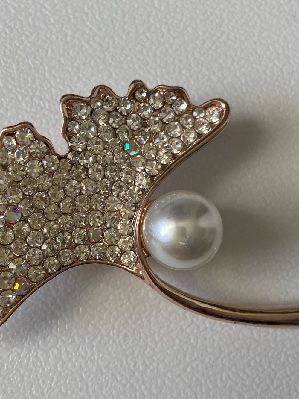 Crystal Pavé Leaf Brooch with Pearl Accent - Rose Gold Tone